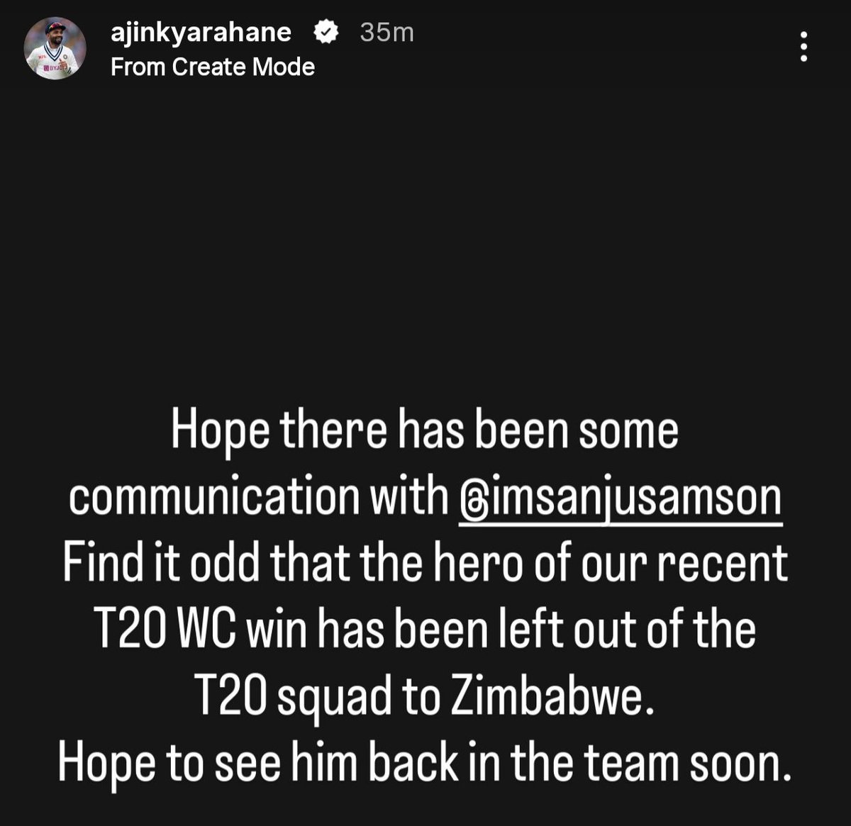 BaluStuff's tweet photo. Ajinkya Rahane backs Sanju Samson. ❤️

Ajinkya Rahane on his IG story:

"Hope there has been some communication. I find it odd... Hope to see him back soon."

#SanjuSamson #AjinkyaRahane #TeamIndia https://t.co/Jboltx5UlQ