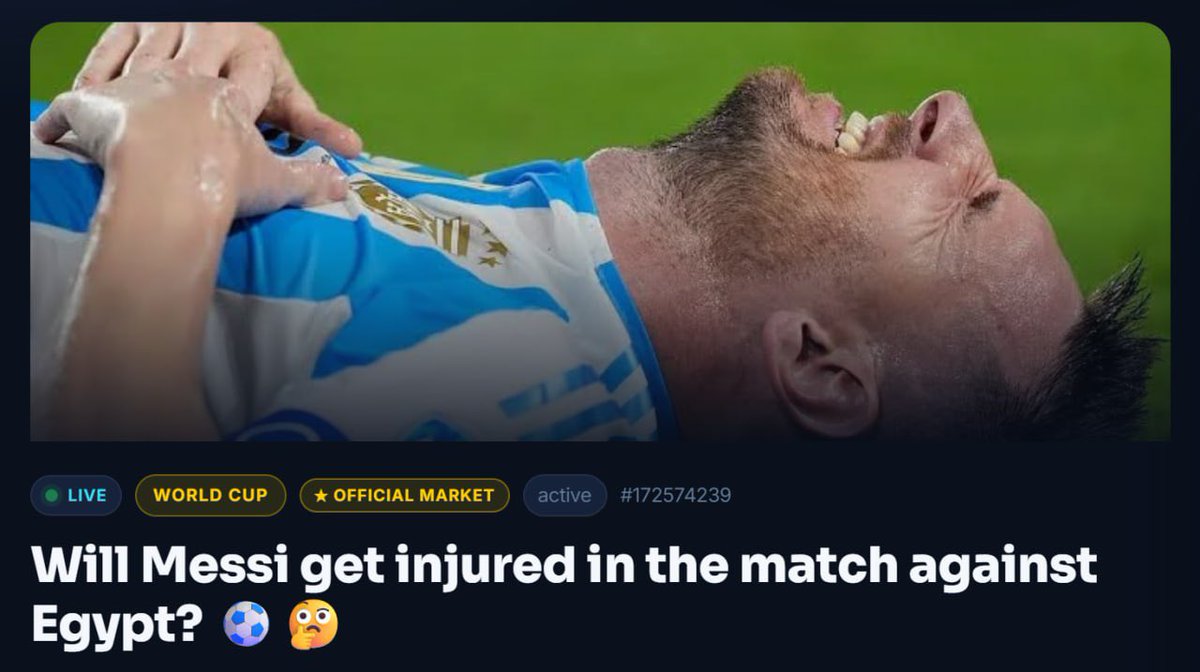 dbetmarket's tweet photo. 🔹Will #Messi get injured in the match against #Egypt? ⚽️🤔

◾️https://t.co/MfV3T3r7On

#DBET #worldcup #bet #predict ⚽️#soccer #argentina https://t.co/l9rHWnL1WY