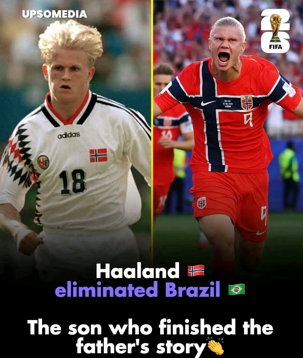 Szymansk_ii's tweet photo. 🇳🇴 THIS STORY BEGAN BEFORE HE WAS BORN.

In 1997, a Norwegian midfielder named Alf-Inge Haaland stood up to Ronaldo, Romário, and Roberto Carlos’s Brazil, and helped beat them. Soon after, a shattered knee cut his career short. He went back home, to Bryne, a town of tractors and rain, carrying an unfinished football story.

Three years later, his son was born. They named him Erling.
The boy grew up in that town where nothing ever happened, kicking into the North Sea wind, listening to stories of a country that had once stared the giants in the eye. Norway hadn’t played in a World Cup since 1998: Erling waited for his, literally, his entire life.

He built himself with a monk’s discipline: he ate, slept, and trained like a professional before he ever became one. They called him a robot, an android, a machine. They got the word wrong: machines don’t inherit debts.

Two nights ago, in New Jersey, he paid it off. A header and a lethal left-footed strike to bring down Brazil, send Norway into the world’s top eight, and make it seven goals in the tournament. 

He now belongs to a legendary club: he is only the sixth man in history — the first in 53 years — to reach 50 goals for his national team in fewer than 50 matches. The other five include Puskás, Gerd Müller, and Pelé.

Against Brazil, like his father. For his father. Football owed the Haalands an ending, and it took twenty-nine years to pay it.
The Vikings can row in peace now: the tale is complete. 🇳🇴⚡