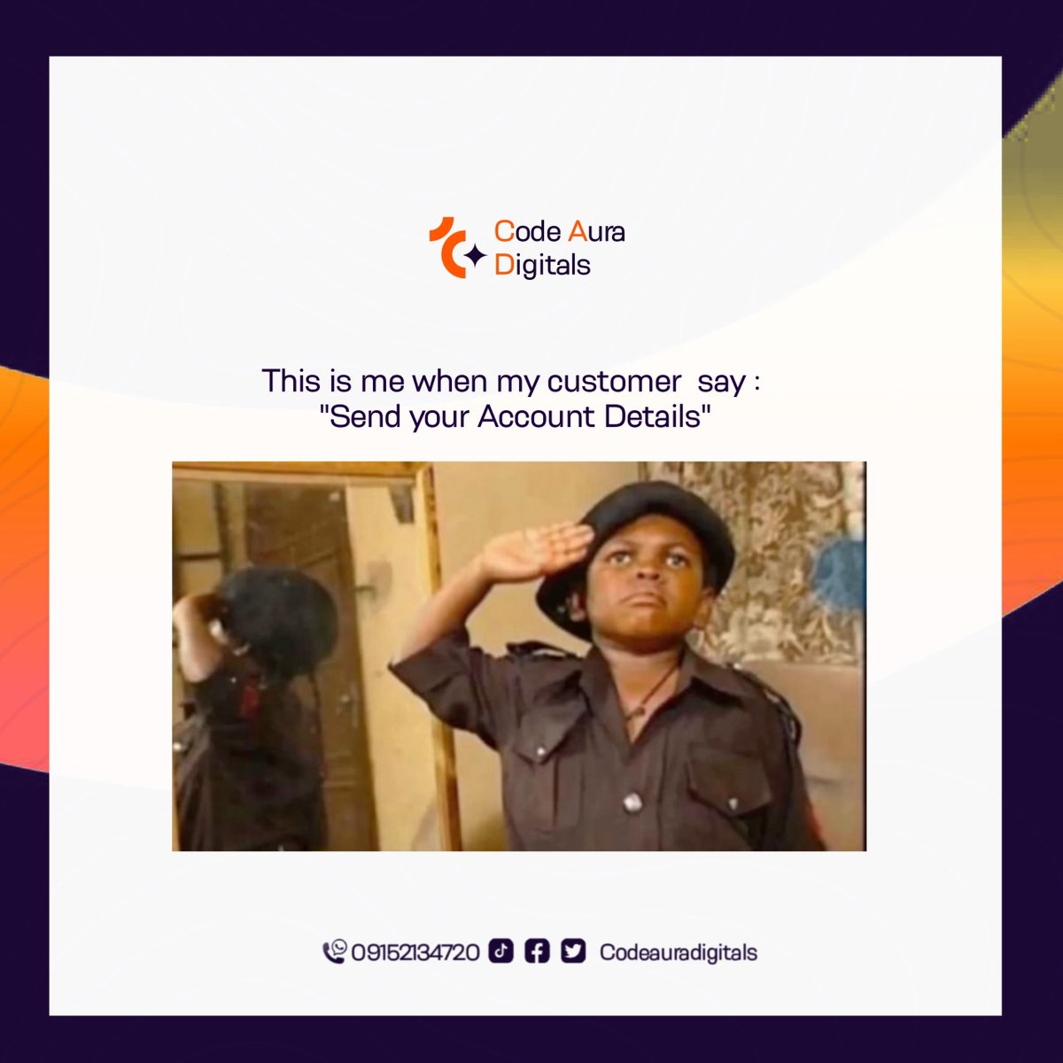 CodeAuraDiog9's tweet photo. My response time goes to 0.001 seconds when this drops 🫡💸
​Speed and premium delivery are the standards at Code Aura Digitals. Need your brand visuals sorted? Send a DM!
​#FreelanceLife #DesignHumor #CodeAuraDigitals https://t.co/6D1ArbvxgN