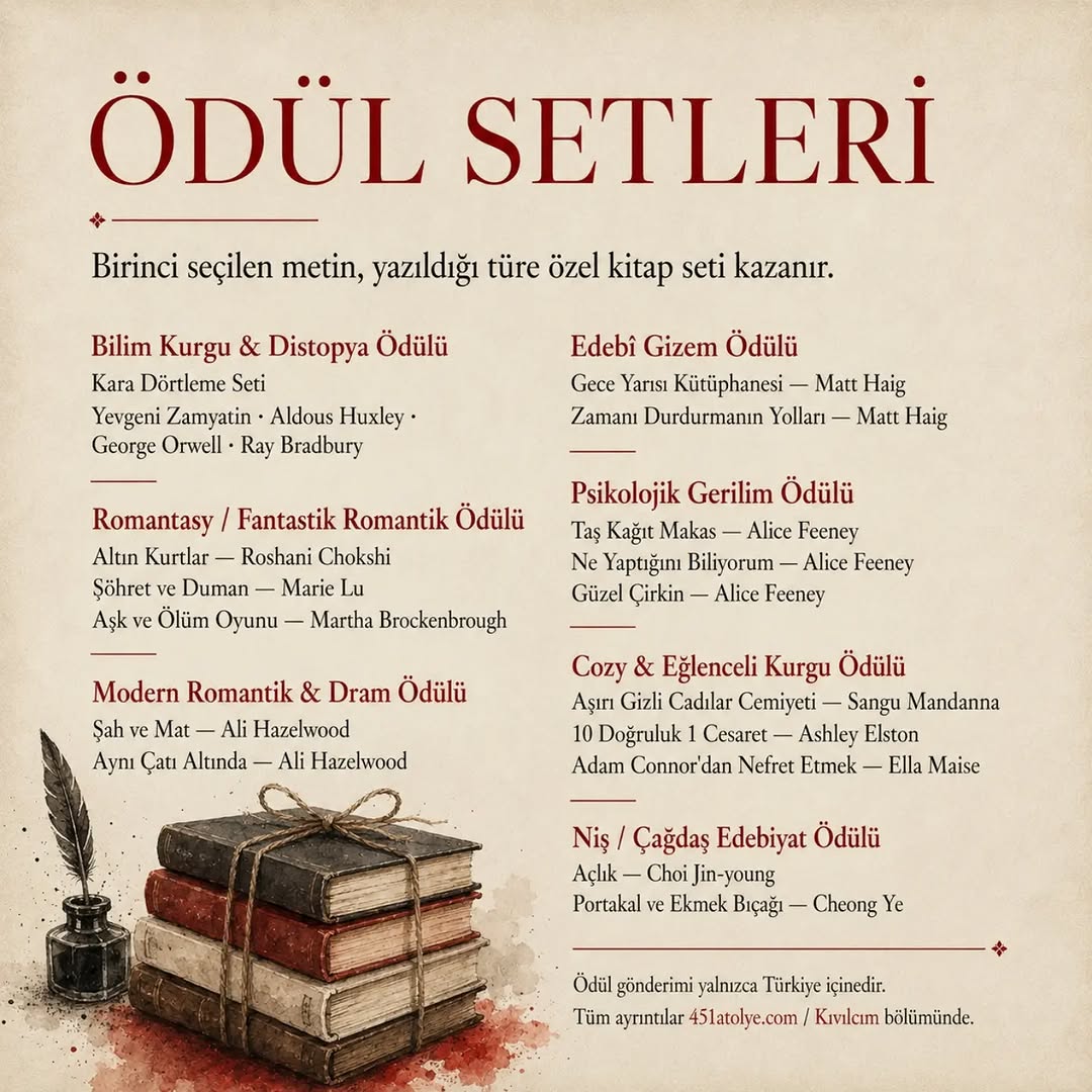 451atolye's tweet photo. 🎉451 İlk Kıvılcım yeni çağrısıyla yayında.

Tüm promptlar, katılım şartları, hediye kitap setleri ve başvuru formu:
👉https://t.co/vCvoJn5Sic
👉https://t.co/9ThCzBCA2p
Kıvılcım bizden.
Hikâye senden.

#451Atölye #451İlkKıvılcım #KısaHikaye #YaratıcıYazarlık #Öykü https://t.co/DMUit7gZY3