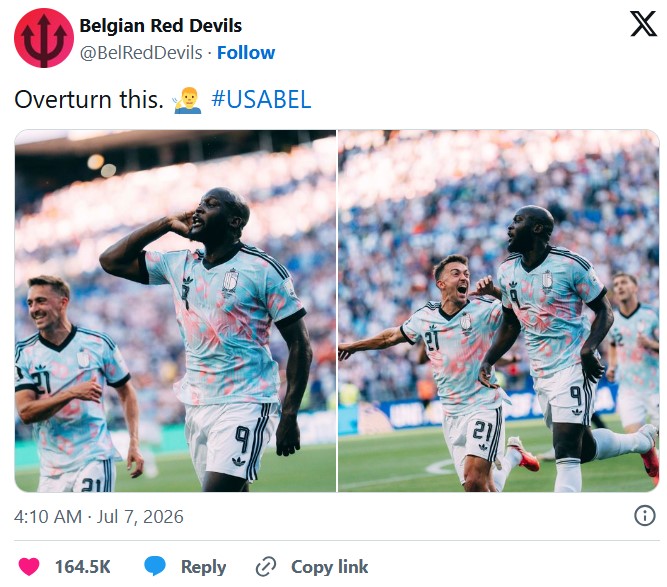 ultimoranet's tweet photo. La nazionale belga di calcio prende in giro Trump dopo la sconfitta degli Stati Uniti. I giocatori hanno anche ballato la danza di Trump a fine partita https://t.co/464a0trFTv