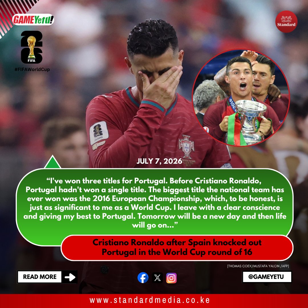GameYetu's tweet photo. Cristiano Ronaldo has played down his failure to win a #FIFAWorldCup in his career, insisting that his Euro 2016 triumph with Portugal 🇵🇹 is “just as significant”. Ronaldo confirmed he had played his final minutes at the World Cup after the country's last-16 exit to Spain 🇪🇸 https://t.co/qVGtgchwUG