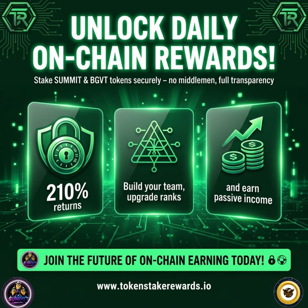 TSRewards's tweet photo. 🔥 Ready to revolutionize your crypto earnings? 🔥

Stake SUMMIT & BGVT tokens ON-CHAIN for DAILY REWARDS up to 210%! 🚀 No middlemen, full transparency, and instant rewards. Build your team, climb ranks, and unlock massive bonuses! 💥

This is the future of on-chain earning — don’t miss out! 🌟

Join us now: https://t.co/hqMAndt4ib

#CryptoRevolution #StakeAndEarn #OnChainRewards #DeFi #CryptoPower #PassiveIncome #CryptoOpportunity #summit #bgvt #tsr