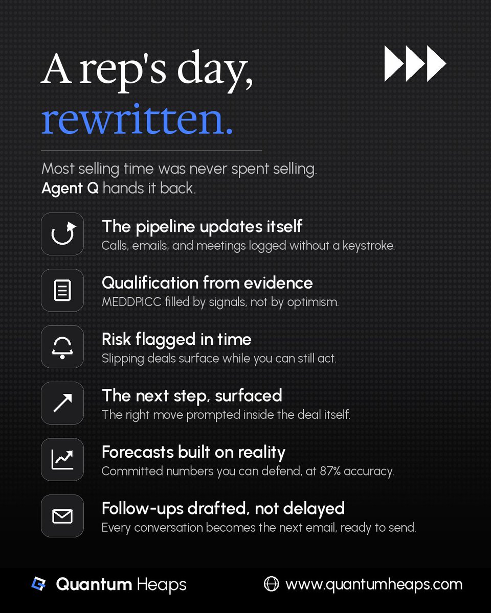 quantumheaps's tweet photo. Your CRM remembers. It doesn't act.
30 years of recording the past. AI agents flip it: they read context, plan, and work the deal.
The 2026 question: system of record, or system of action? 🧵👇
#AgentQ #RevenueOS #unifiedrevenueengine https://t.co/zO1S1JO4ao