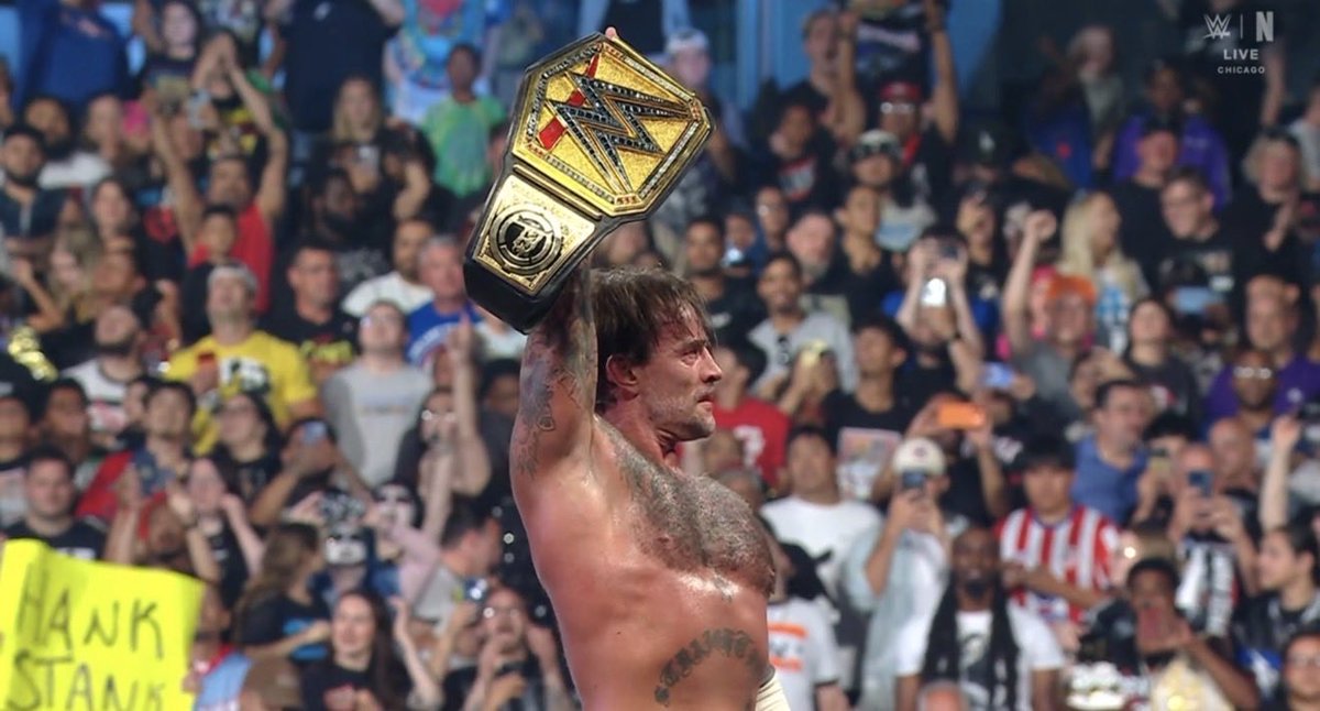 Sheepbot05's tweet photo. @MrSantiZap Punk winning the title (hogan style) could lead to him turning heel leading up to Summerslam and it could be peak, but  WWE/TKO could unnecessarily insert a celebrity into this match and wouldn’t surprise me. https://t.co/5Imqzf3B9o
