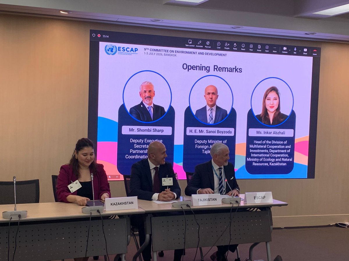 KZEmbassyTH's tweet photo. 🇰🇿 Kazakhstan participated in the 9th UN ESCAP Committee on Environment and Development in Bangkok, highlighting national efforts on climate action, renewable energy, biodiversity conservation, and the green economy. 🌿🌏 #Kazakhstan #ESCAP #SustainableDevelopment https://t.co/uaHBnu1CoW