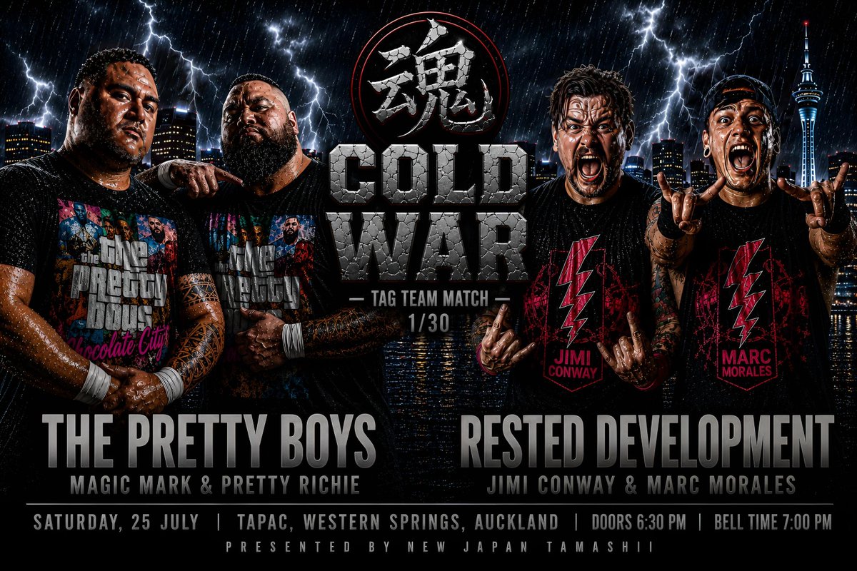 NJTamashii's tweet photo. The Pretty Boys return to Western Springs as they welcome a new challenge at #COLDWAR. Rested Development travel north from Christchurch determined to leave their mark. 

📍#TAPAC, Western Springs, #Auckland
📅 25 July 

🎟  https://t.co/YrAzQAzMoU

#njpwTAMASHII #njpw https://t.co/1jbc3rriGn