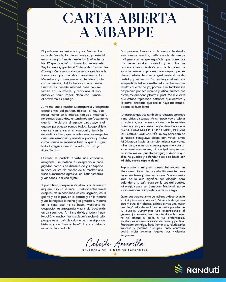 juanvillalbapy's tweet photo. Mucho cuidado con lo que se puede venir con este quilombo entre Celeste Amarilla y Mbappe!
Hay quienes quieren reflotar leyes contra discriminación, xenofobia y cuestiones de género que seria aberrante, producto del globalismo que imponen potencias extranjeras, tal cual como ya lo implementamos aquí con la inconstitucional Ley 5757 en el que si le miras mal a una mujer ya te vas preso.
Si esta ley se implementa se nos viene otra ley incostitucional ya que los "ofendidos" te pueden decir hetero de m... o blanco de m... no va a pasar nada, pero si le decis homosexual de m... o negr... de mi... te vas preso!
Cuidado con eso, porque va a pasar lo mismo que con las mujeres, ellas le pueden decir lo que quieran a los varones pero si éstos dicen algo de las mujeres, se van preso.
Estamos entrando en un terreno peligroso.
Defendamos la libertad de expresión en Py y quien se sienta agraviado por una expresion, sin importar el sexo agresor, qué demande por injuria u otros delitos pero no fomentos la lucha de géneros, etc.
Debemos derogar o eliminar la 5757, ya que hasta entre mujeres se demanda en virtud de esta ley, cercenando garantías constitucionales.  O acaso cuando una mujer insulta o denigra a un varon hay una ley que los protege? Claro que no hay, pero si un hombre denigra o insulta a una mujer, marchen medidas cautelares contra los varones, adentro ya!!!
La autodeterminacion de nuestro pueblo es innegable, a no dejarse influenciar por corrientes externas y globalistas! 
Defendamos lo único sagrado que aun nos queda, que es la LIBERTAD!