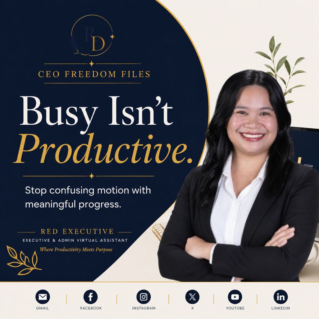 _REDexecutiveVA's tweet photo. Busy doesn't always mean productive.

If your day is filled with emails, meetings, and admin tasks, but your biggest goals keep getting pushed back, it's time to rethink how you spend your time.

Focus on the work only you can do. Delegate the rest. 🚀

 #CEOFreedom https://t.co/ZYG3SYtQkZ