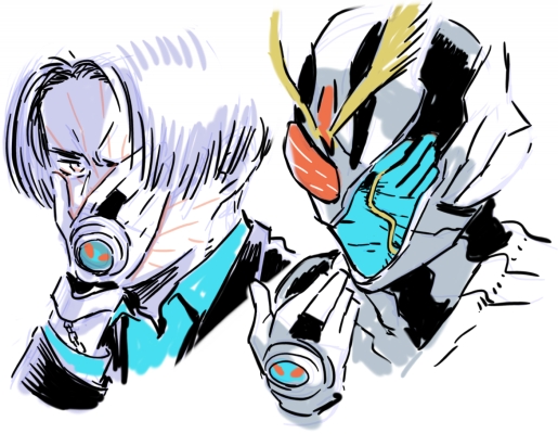 「仮面的な変身ポーズの仮面ライダー妄想。石ノ森作品の、涙を流すヒーロー。というデザ」|油屋とんびのイラスト