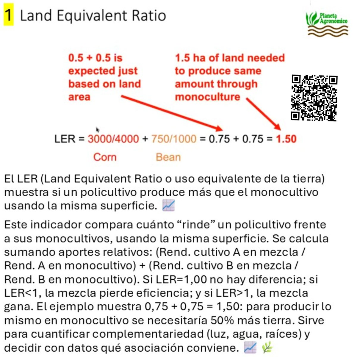 planetagronomic's tweet photo. LER y policultivos: eficiencia real del suelo 🌱
El uso equivalente de la tierra (LER) pone números a la agroecología: si LER>1, la mezcla produce más que el monocultivo con la misma superficie. Desliza las imágenes👉 y escanea el código QR https://t.co/34blKCkmZt