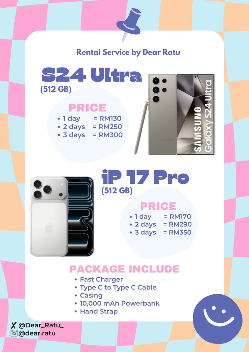 Dear_Ratu_'s tweet photo. @msiakpopfans @ckstarmy iPhone 17 Pro &amp; S24 Ultra rental available!! https://t.co/B4o8cssCFF