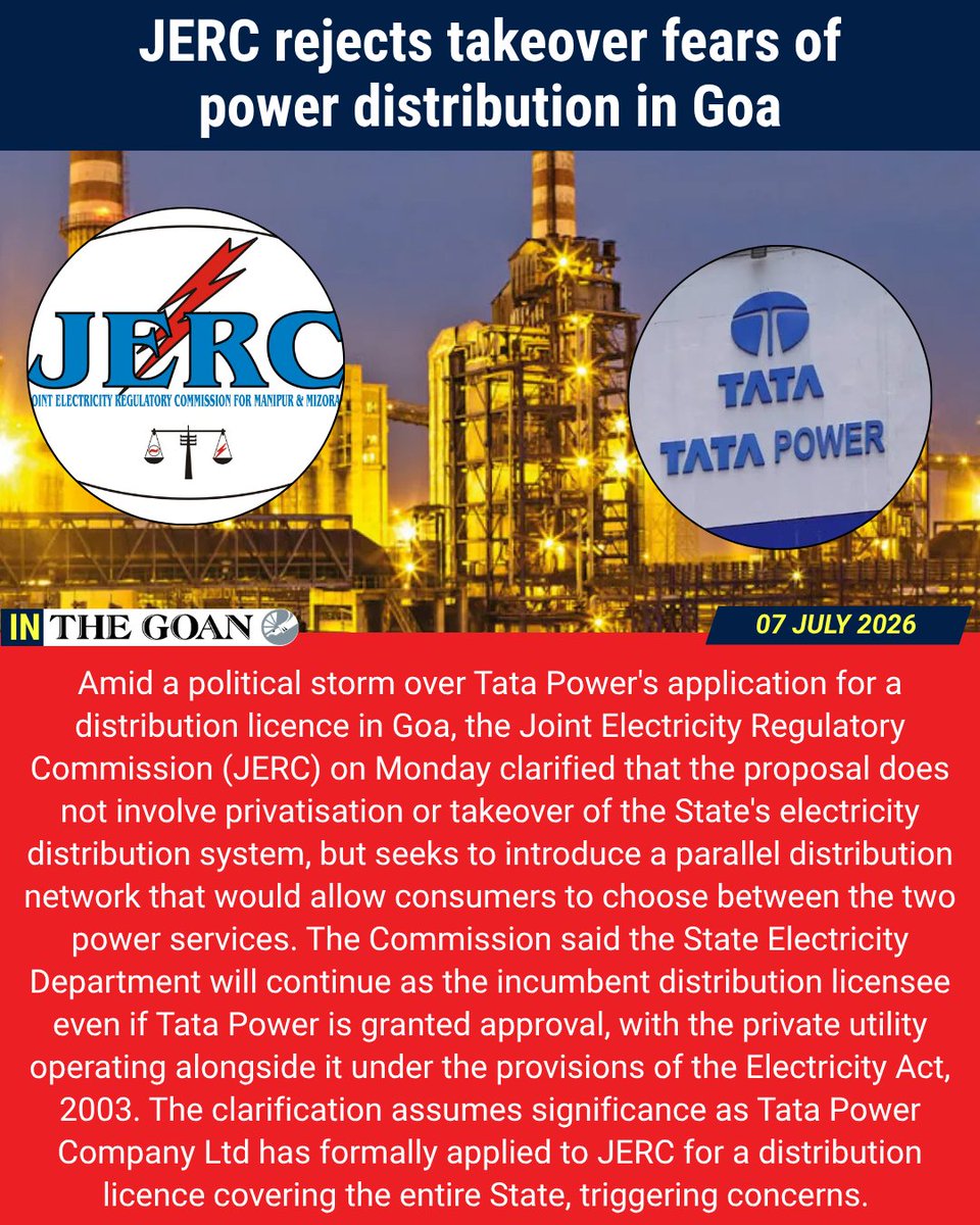thegoanonline's tweet photo. In THE GOAN | #JERC rejects takeover fears of power distribution in Goa
Read More: https://t.co/KironHyF5H
#Goa #BreakingNews #News #Headlines #TopStories #TodayInTheGoan
@goacm @SudinDhavalikar @TataPower https://t.co/fdDREL5PXR