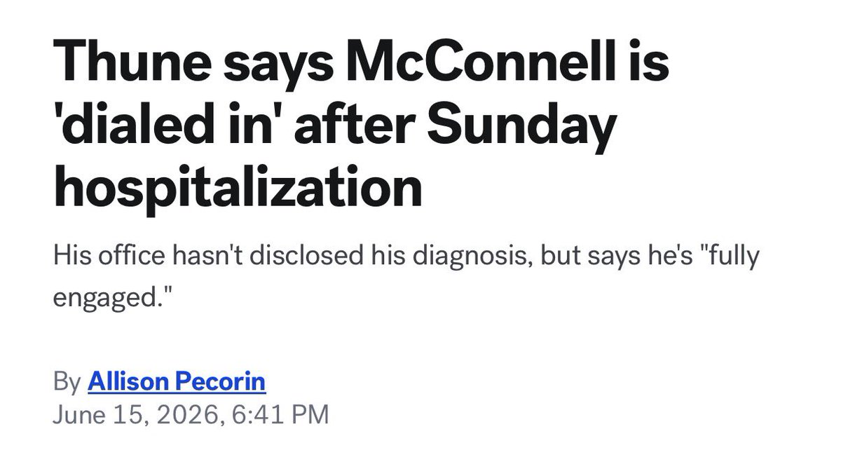 Notwokenow's tweet photo. Remember  @LeaderJohnThune said Mitch McConnell was “dialed in” when he SPOKE TO MCCONNELL after his hospitalization. 

Thune said McConnell “….sounded good. He wants to be back.”

I am throwing the BS 🚩

What is the likelihood McConnell, who was found unconscious at the time of the 911 call, regained consciousness and spoke to Thune, and is now brain dead? 

Nah. It’s far more likely that Thune is a big ol’ liar.