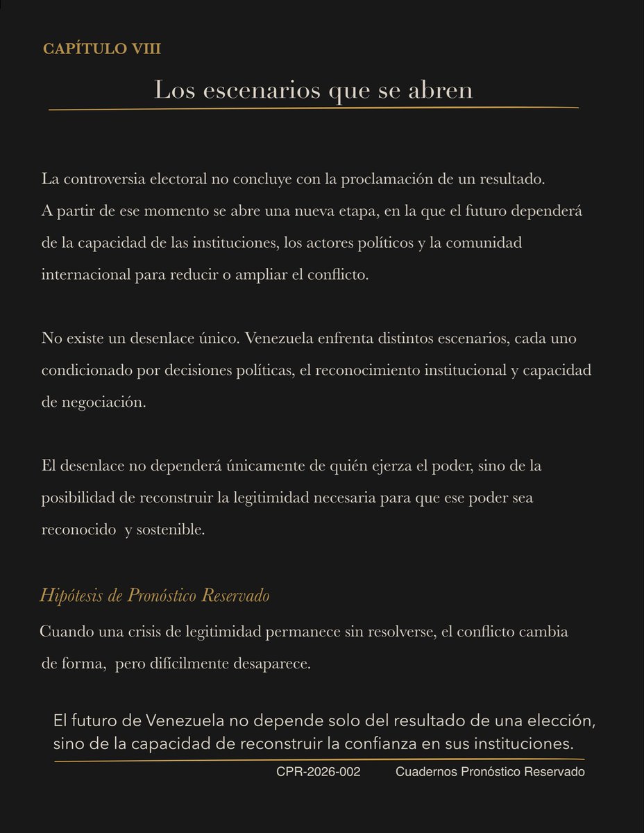 Gittyss's tweet photo. 📔✍🏻Venezuela no enfrenta solo una crisis electoral. Enfrenta una disputa por la legitimidad del poder.
La autoridad puede imponerse. La legitimidad solo puede ser reconocida.
✨Cuadernos Pronóstico Reservado

#Venezuela #Geopolítica #PronosticoReservado 
#elecciones https://t.co/z0bvByrGF6
