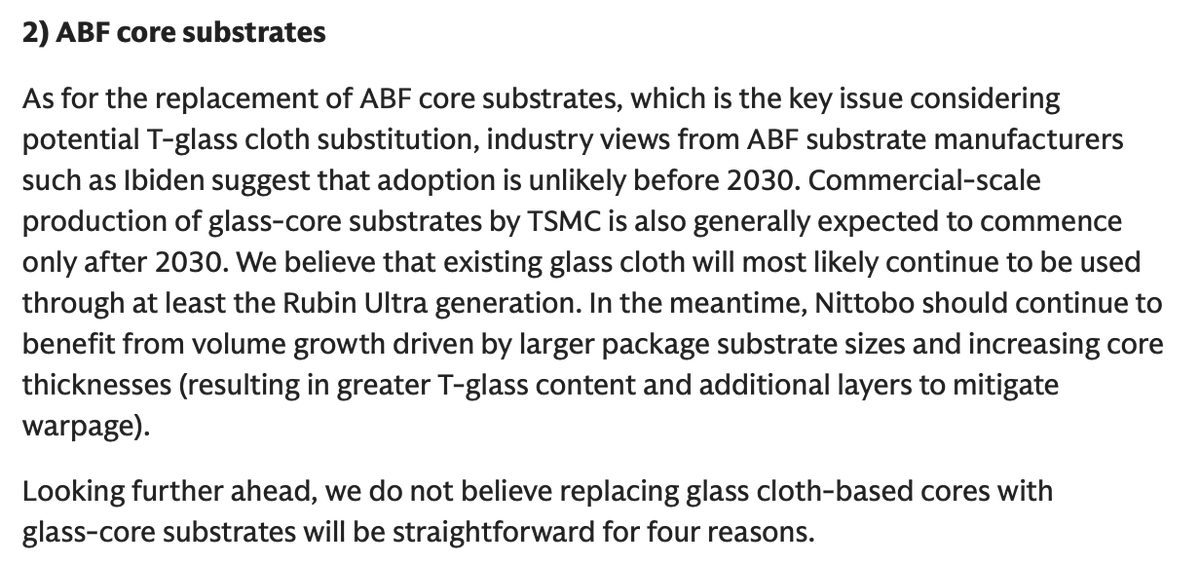 mingchikuo's tweet photo. Goldman Sachs upgraded Nittobo to Buy in a July 6 report. One key reason was its cautious view on TSMC’s glass core substrate (GCS) progress. I won’t add much commentary here. Just sharing the note.

That said, my takeaway is that the other reasons GS cited for the upgrade do not really conflict with a constructive view on GCS over the next several years.

One thing to note: based on past patterns, the likelihood of TSMC providing major updates on GCS/CoPoS at its upcoming July earnings call may be low. This is especially true since TSMC just shared key R&D results at a Japan symposium in June, where it also made a rare mention of supplier partners. If that read is right, the likelihood of major GCS updates at Innolux’s and Ibiden’s August earnings calls may also be low.