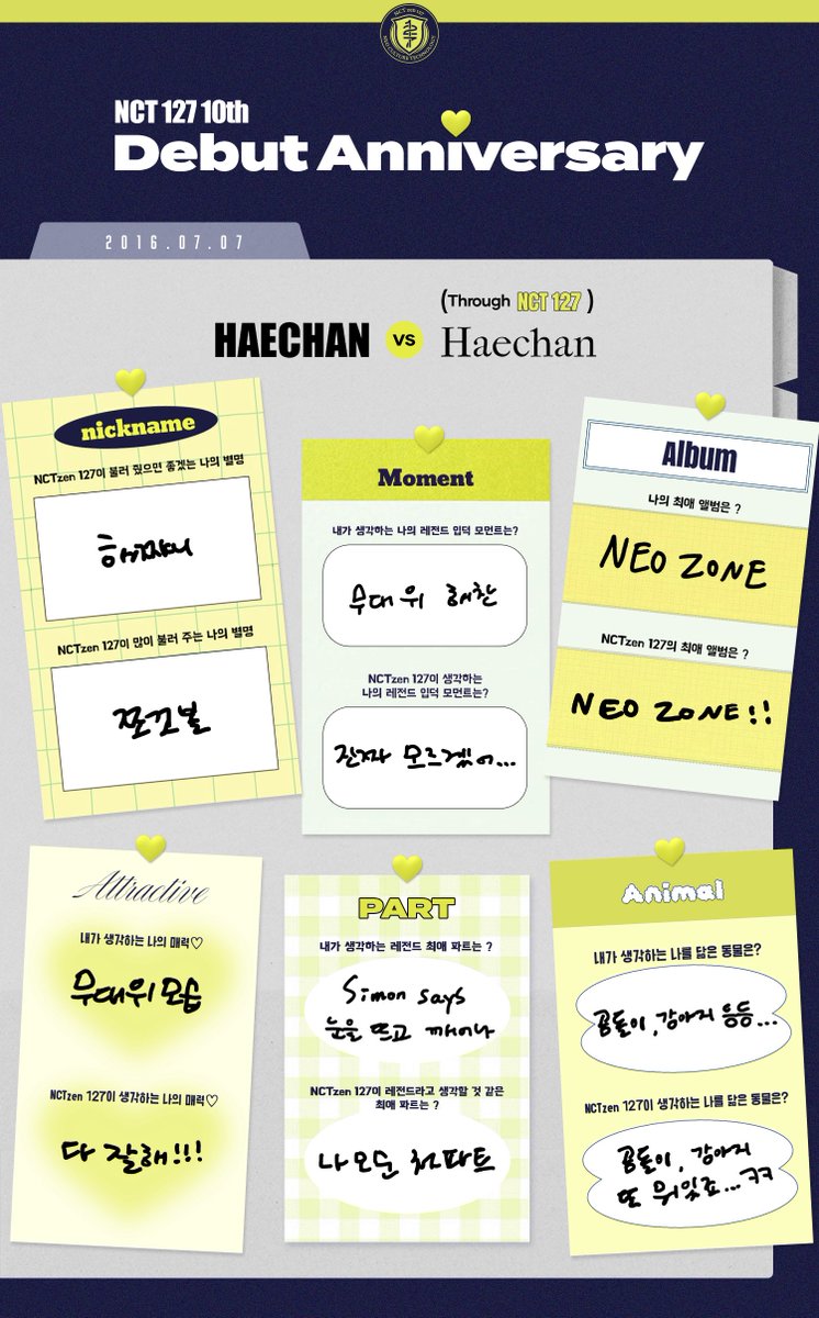brilliantechan's tweet photo. Haechan vs Haechan (through NCT 127)

• Nickname
Nickname that 🐻 wants Sijeuni called him : Haettjjanie
Nickname that Sijeuni calls me a lot : Chocoball

• Attractive 
My charm as I see it : On stage
My charm as perceived by Sijeuni : You're good at everything!!!

• Moment
What do I think is my legendary moment of becoming a fan? : Haechan on stage
What do Sijeuni think is their legendary moment of becoming a fan? : I really don't know...

• Part
What do I consider my favorite legendary part? : Simon says
“눈을 뜨고 깨어나” (his bridge part)
What is your bias part that Sijeuni would consider legendary? : All my parts

• Album
What is my favorite album? : NEO ZONE
What is Sijeuni's favorite album? : NEO ZONE

• Animal
What animal do I think resembles me? : Bear, puppy 등등
What animal does Sijeuni think resembles me? : Bear, puppy
What else is there... turn it on
