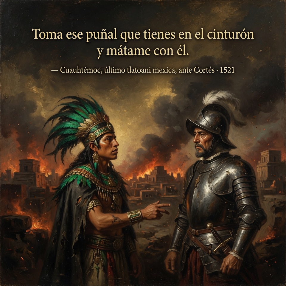 DonPorfirioDiaz's tweet photo. Lo había perdido todo: su ciudad, su imperio, su libertad. Pero no su dignidad. Cuando lo llevaron ante Cortés tras la caída de Tenochtitlan, el joven Cuauhtémoc no pidió clemencia: pidió la muerte. "Toma ese puñal y mátame con él", le dijo, porque prefería morir antes que la humillación de la derrota.
Tenía apenas unos 25 años. Y su gesto sigue definiendo lo que significa no rendirse jamás.
👇 ¿El símbolo más digno de nuestra historia?
