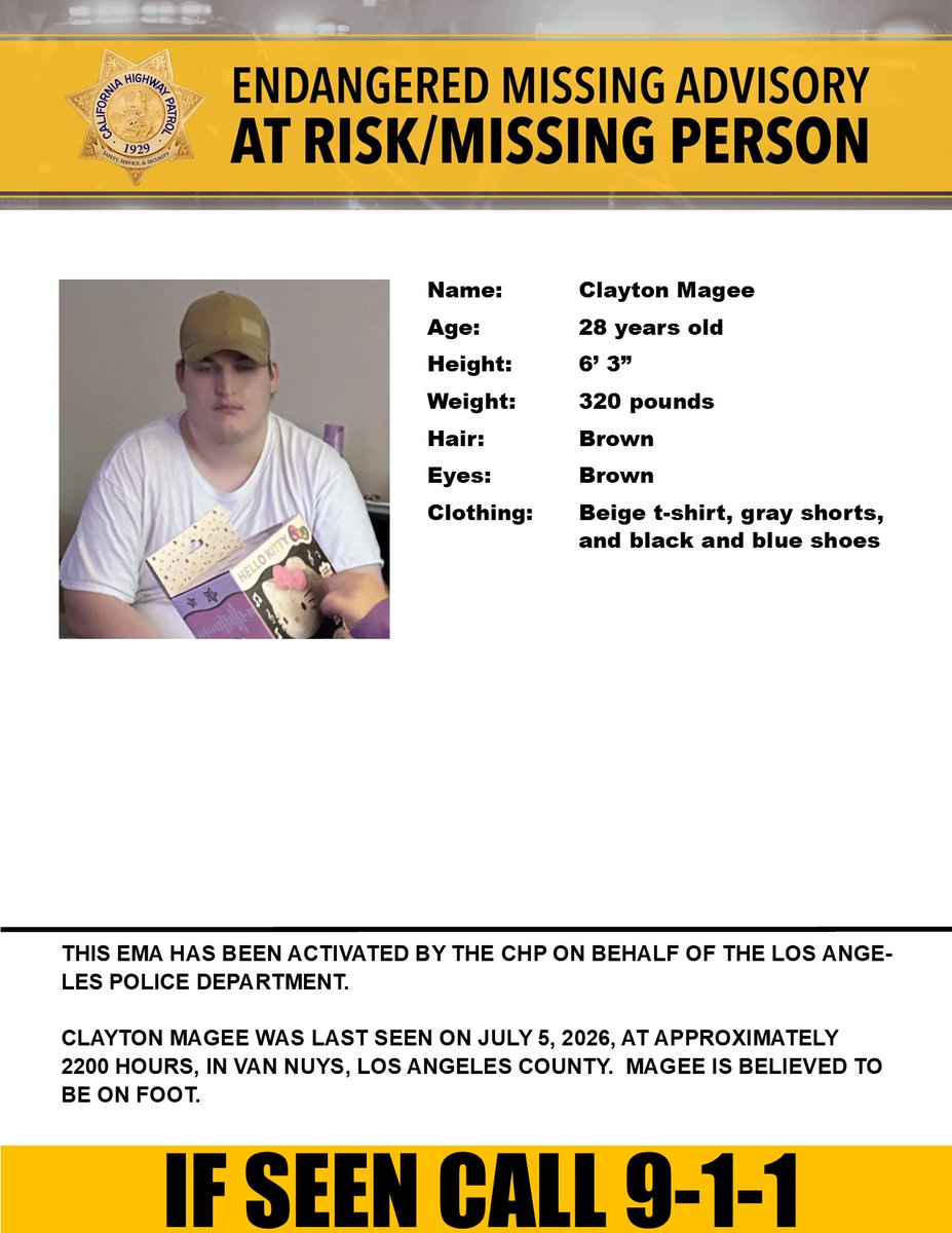 CHPAlerts's tweet photo. ENDANGERED MISSING ALERT - Los Angeles County
Last seen: Saloma Ave., and Lemay St., Van Nuys
@LAPDHQ

IF SEEN, CALL 9-1-1 https://t.co/HidG5AKFj6