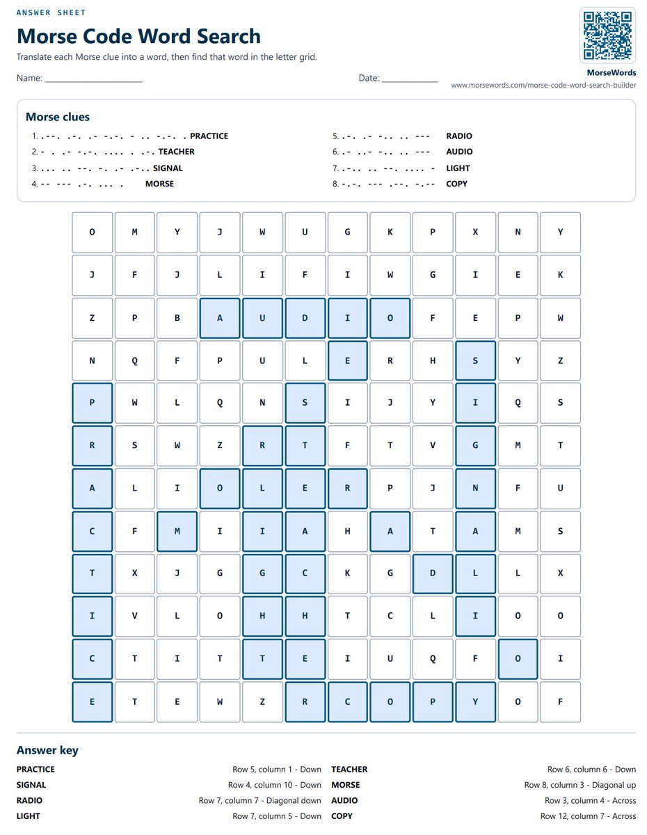 SuhasSunder's tweet photo. Build a custom Morse puzzle in minutes. Add your own words, print Morse clues, and let learners decode each clue before finding the answer in the grid. Useful for teachers, homeschoolers, radio clubs, and anyone learning Morse code.

https://t.co/4d4bSNKwDF https://t.co/Hs1GLZOMsK