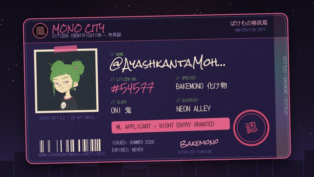 AyashkantaMoha1's tweet photo. MONO CITY just granted me citizenship 👹 CITIZEN #54577

ばけもの @BakemonooNFT — craziest IP launch this NFT summer.

https://t.co/PKgTxvYTl5 https://t.co/mGIbe2vzYZ