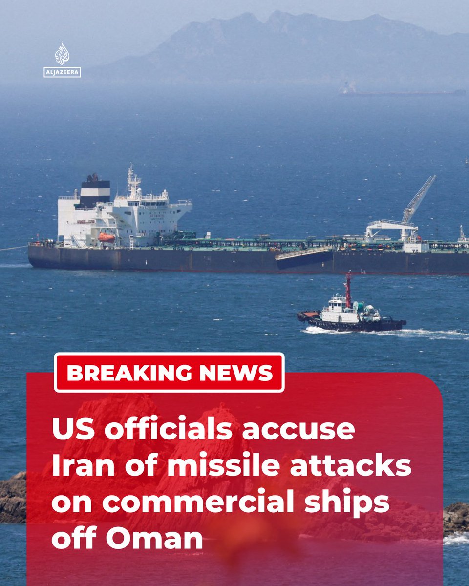 AJENews's tweet photo. BREAKING: US officials blame Iran for a missile attack on commercial ships in the Strait of Hormuz, following a tanker fire reported off Oman. 

No casualties have been reported.

🔴 LIVE updates: https://t.co/VMqODZGF1Q https://t.co/uqzChbGx6x
