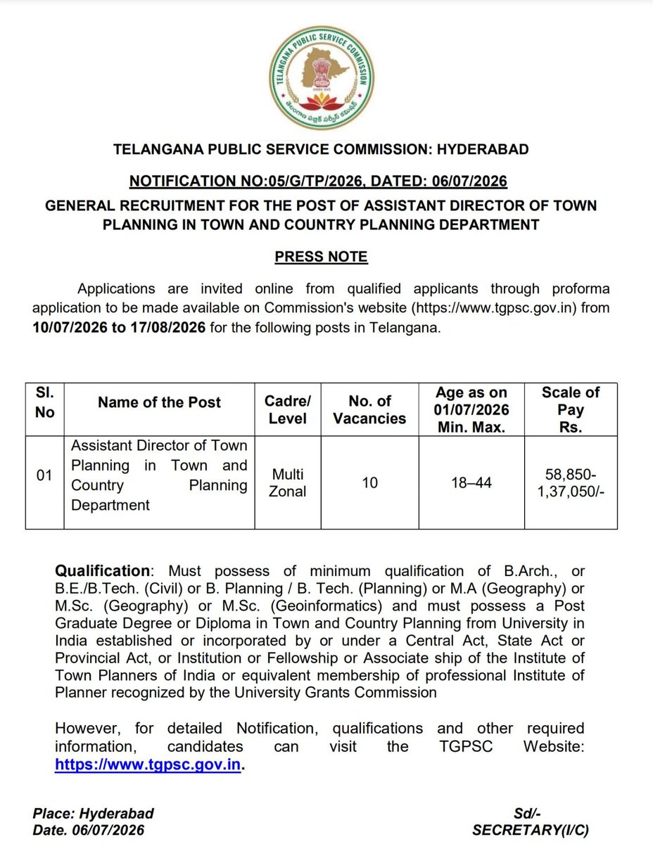 Tgpsc2024's tweet photo. Assistant Director of Town Planning in Town and Country Planning Department 

Multizonal posts 

Total - 10 vacancies 
Age - 01/07/2036 ( 18-44 ) 
Pay Scale - 58,850-1,37,050
Visit Site : https://t.co/BDFzIm8Yt5 https://t.co/Y2qHcKdyde