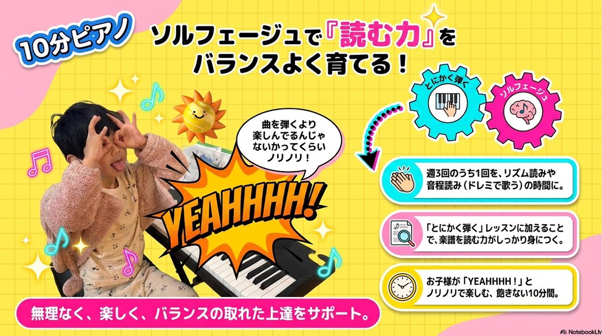 chimwo_chimko's tweet photo. ソルフェージュを始めました～！

私がピアノを習ってた時は、レッスンの度にワークをやらされてて、それで自然と楽譜が読めるようになった記憶があるんだけど、おちむの10分ピアノはとにかく曲を弾いていくスタイルだったので、「楽譜読めるようになるのかな…？」とちょっと気になっていました。

まあでも弾けるようにはなってきてるし、そんなもんかな…？と思っていたら、先生から「そろそろソルフェージュやりましょうか」と提案が。さすが、ちゃんと見てくれてるんだなあと感心しました。

週3回のうち1回をソルフェージュの時間にあてて、リズム読みと音程読みをやってもらってます。手拍子でリズムを取ったり、「ドレミ」で歌いながら音程を確認したり、今までの「とにかく弾く」レッスンとはまた違う頭の使い方をしているみたいなんだけど、これが意外にもおちむのツボにハマったらしく、「今日はソルフェージュをやりましょう」と先生に言われるとYEAHHHH！と毎回テンション高め。曲を弾くより楽しんでるんじゃないかってくらいノリノリでやってます。

曲を弾くだけだと指の動きを覚えちゃって意外と楽譜を見てない、ということもあるみたいで、ソルフェージュを挟むことで「読む力」がちゃんとついていくんだろうなと納得。おちむにとってはラッキーDay枠だし、先生からも楽譜を読む力がついてきましたね、と言っていただけて、バランスよく育てていただいて有難いな～と感じる10分ピアノです。

https://t.co/oN3J2JbUPf #PR