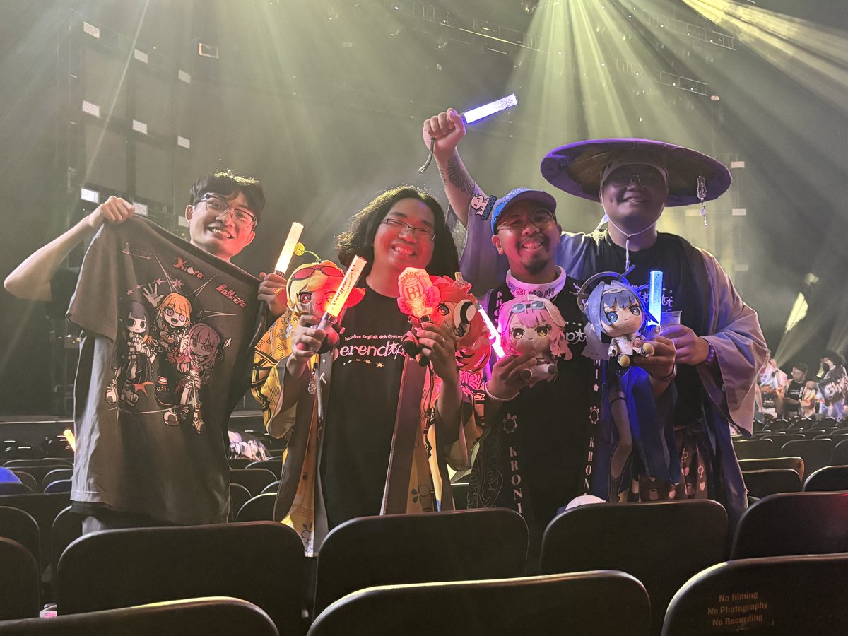 MI0dachi's tweet photo. For me, the greatest thing about going to hololive concerts is my brothers and cousin are in it with me. Each of us have our own oshis so together we support each other and I like to believe we each do the same with the rest of the community!

We have a tradition of doing an anime jump picture 😂 
#HololiveEN #HoloSerendipity