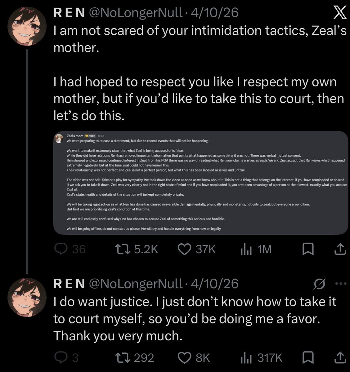 moch1sweet's tweet photo. @ForRacerFREAK Yes it is his mom. Here's proof; more on my profile. Ren herself confirmed it on April 10th (1st image; she hasn't taken this to court btw). And, her original twitter account was made in 2012 before it was mass-reported and taken down. Finally, Zeal confirms it (3rd image; 2024). https://t.co/kKY0mStEZe