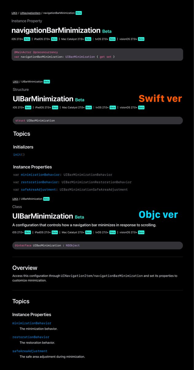 vistar941's tweet photo. The UIKit API for navigation bar minimization announced at WWDC is now available in Beta 3!!
It’s called UIBarMinimization and lets you configure minimization, restoration, and safe area behavior together.
And yes, there’s an Objective-C API too 🙌 https://t.co/gu6FV1cyTi