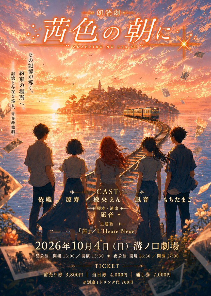 akaneironoasani's tweet photo. 🌅情報解禁🌅

朗読劇『茜色の朝に』

――記憶と存在を巡る、青春群像劇。

📅2026.10.4(日)
📍溝ノ口劇場

脚本・演出:凪音

出演
依織／凉寿／椽央えん／凪音／もちたまご

🎫チケット発売中！👇
https://t.co/OkGmd4dbfW

皆様のご来場をお待ちしております。

#茜色の朝に #朗読劇 #溝ノ口劇場 https://t.co/z2tQfv75PR