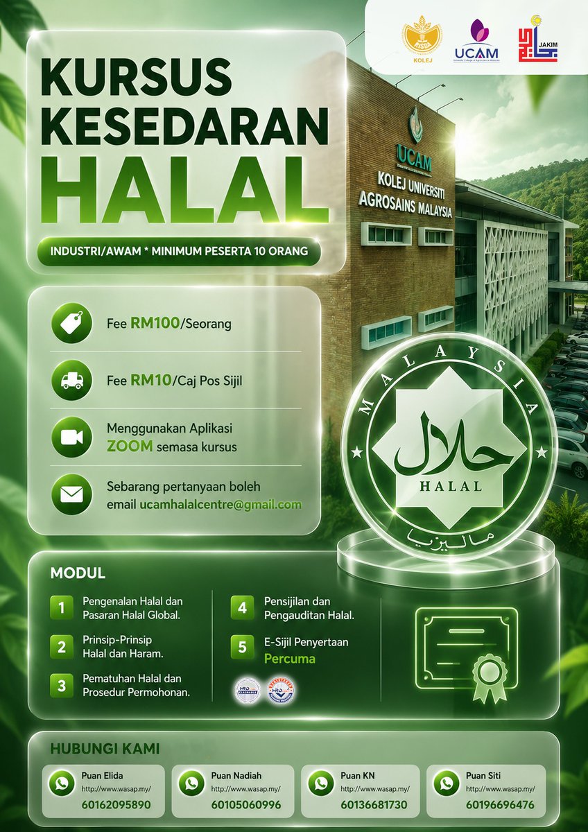 UCAM_Official's tweet photo. 📢KURSUS KESEDARAN HALAL
Fahami Halalan Thoyyiban &amp; asas Pensijilan Halal untuk pengusaha makanan, hotel, katerer dan industri.
✅ Halal Global
✅ Halal &amp; Haram
✅ Prosedur Pensijilan

🎓 E-Sijil Percuma💻 Zoom | 💰RM100 (+RM10 pos) |👥 Min. 10 peserta
📲 https://t.co/saaqJ9QNfS https://t.co/XcKTw4cUpi