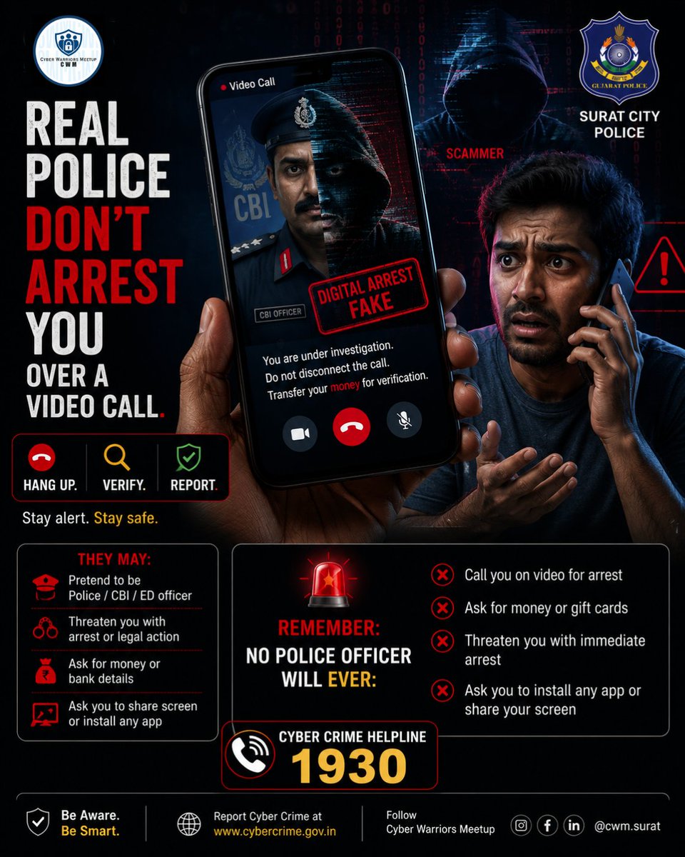CWMCommunity's tweet photo. 🚨 Cyber Awareness Alert
Digital Arrest scams are fake. No police officer, CBI, or ED official will arrest you over a video call or ask you to transfer money.
📞 Cyber Crime Helpline: 1930
🔗https://t.co/kQWx0zGVQh
#CyberAwareness #DigitalArrest #CyberFraud https://t.co/7KfxaA9Qs6
