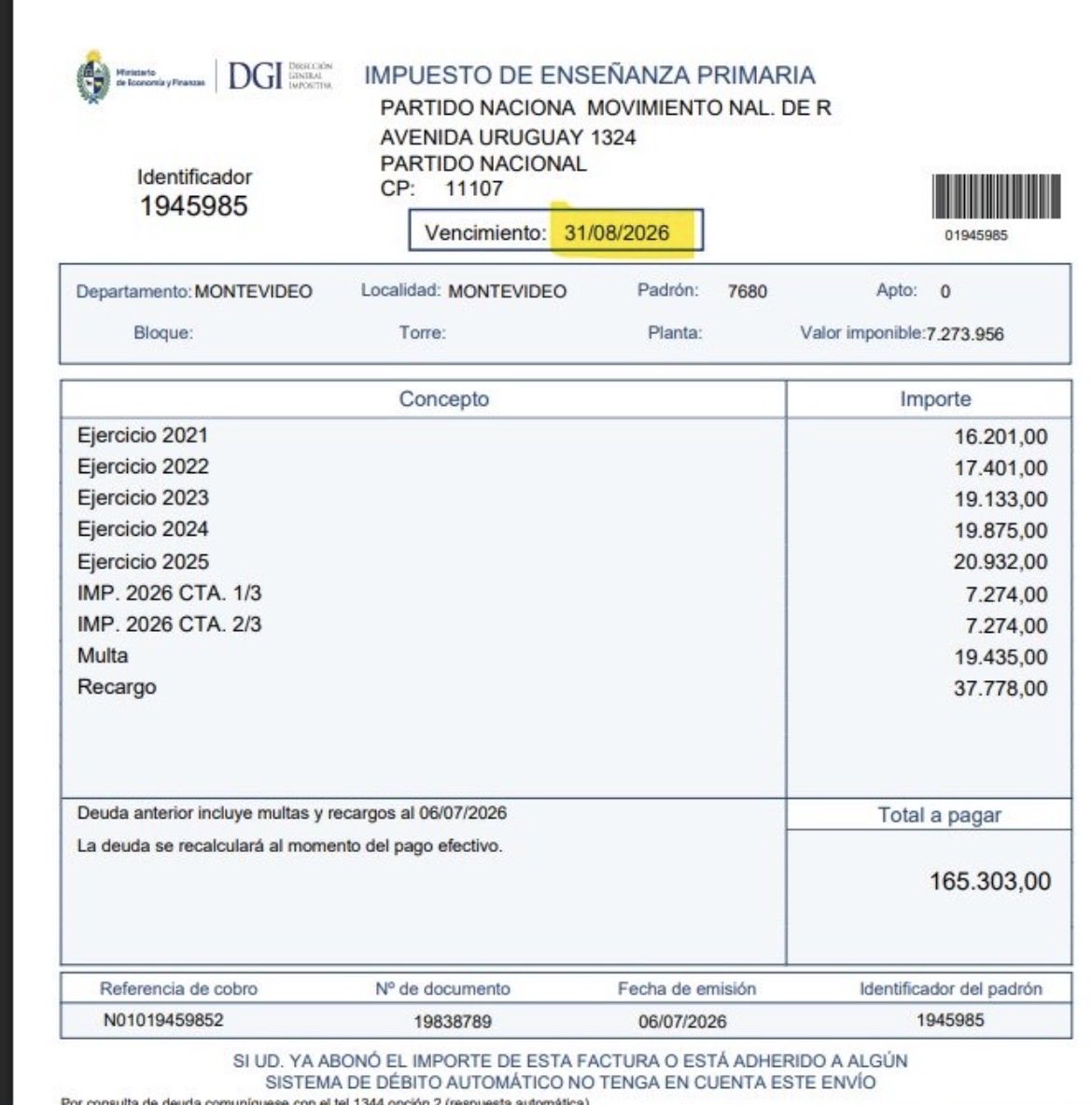RicardoYelpo's tweet photo. @leosarro Avísenle a Delgado que el Partido Nacional debe el Impuesto de Primaria de su local desde 2021. Pregúntenle si lo van a pagar o no, porque de esta deuda se les avisó hace años.
Orsi está al día. https://t.co/Aui5AtWOyT