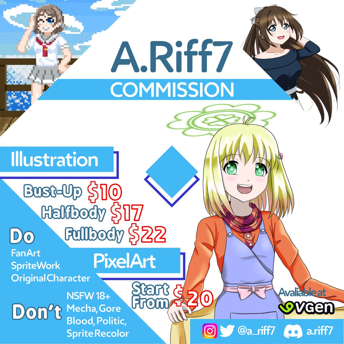 a_riff7's tweet photo. Heya! I'm opening a VGen commission! 
Check out for more information at my website https://t.co/69OWtVI91d or VGen https://t.co/dCxZEiTsTh
Feel free to DM me on here or Discord and I'd appreciate support from you all by liking and RTs this post. Thanks! #VGenComms #commissionart https://t.co/5BN4QwbNOW