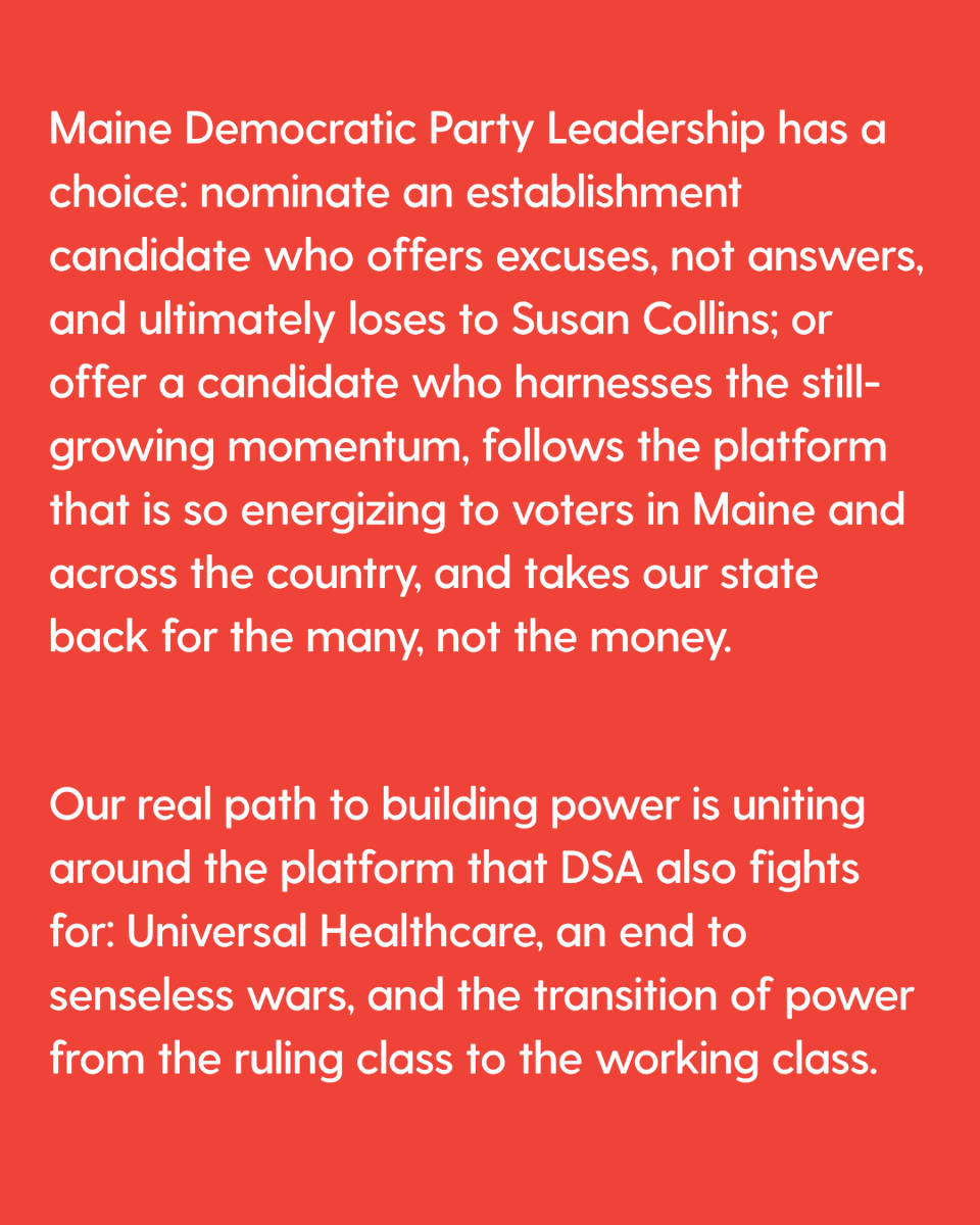 DSA_Maine's tweet photo. Our statement on the Maine Senate race. We stand with Jenny Racicot, and call for Platner to step down. https://t.co/gVTo9he9qM