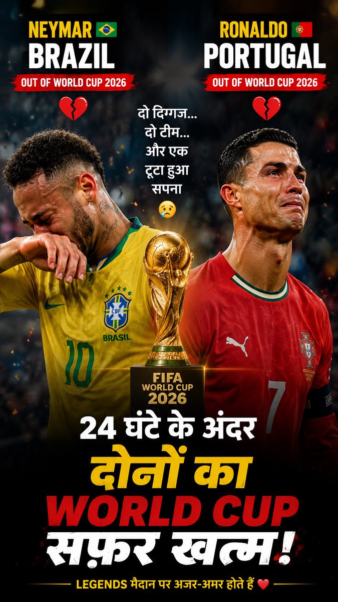 aajexamdotcom's tweet photo. 💔 24 घंटे के अंदर दो दिग्गजों का World Cup सपना टूट गया! 😢🏆

🇧🇷 Neymar की Brazil बाहर…
🇵🇹 Cristiano Ronaldo की Portugal बाहर…

दो सुपरस्टार, दो टूटे दिल और करोड़ों फैंस की आंखें नम। 💔
🐐✨@Cristiano @neymarjr 

#fifaworldcup2026 #neymar #cristianoronaldo #brazil #portugal https://t.co/na5aE2aswo