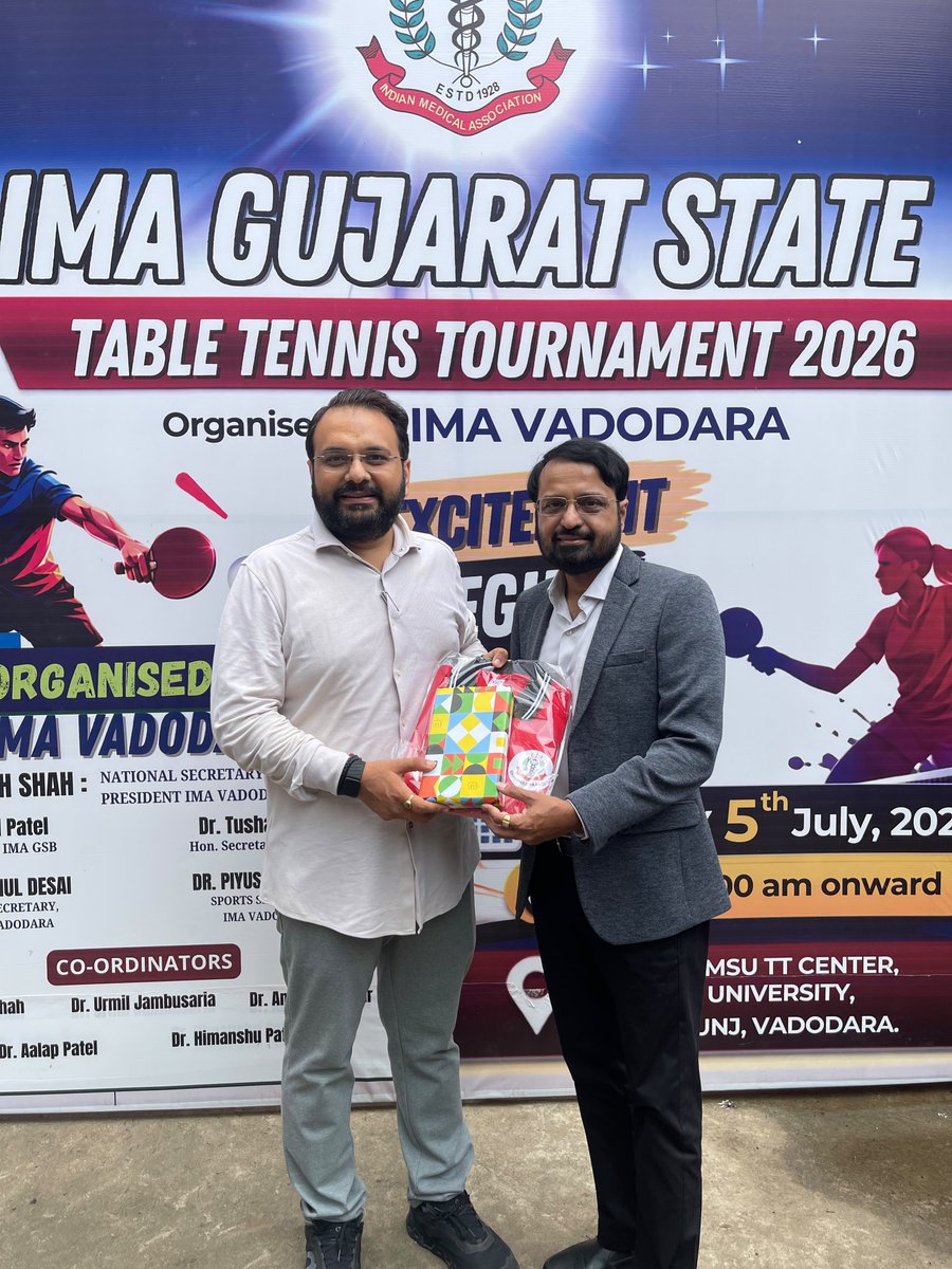 BJYM4Gujarat's tweet photo. IMA વડોદરા દ્વારા આયોજિત IMA Gujarat State Table Tennis Tournament 2026 નું ઉદ્ઘાટન યુવા મોરચા પ્રદેશ અધ્યક્ષશ્રી @drhemangjoshimp એ કરી ખેલાડીઓ સાથે ટેબલ ટેનિસ ટેનિસ રમી એમનું ઉત્સાહવર્ધન કરી ઉત્તમ રમતની શુભકામનાઓ પાઠવી. https://t.co/Uwc9FdtV7l