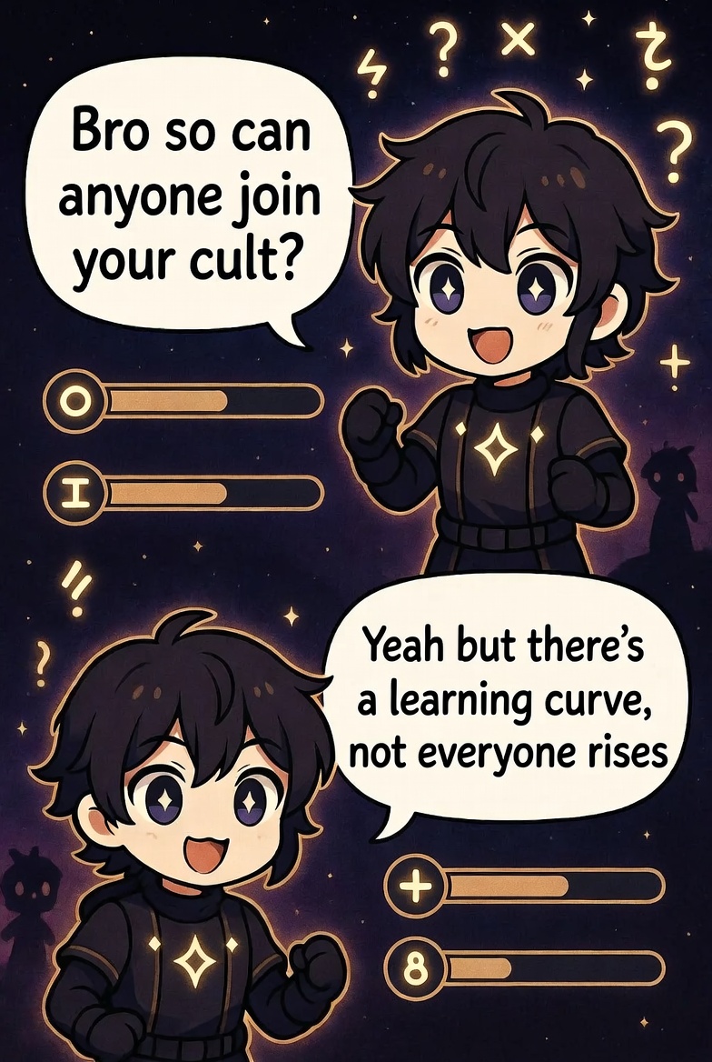 ExtraFlippant's tweet photo. "Bro so can anyone join your cult?" asks Kai

"Yeah but there's a learning curve, not everyone rises"

"Oh shit bro it's like a video game"

"That's exactly what it is but it's influencing politics and media"

"How do you know you don't get scammers?"

@TheAthenaWalker and @kyootbot are a good deterrence

And @shoe0nhead is a great follow up if they still don't learn their lesson