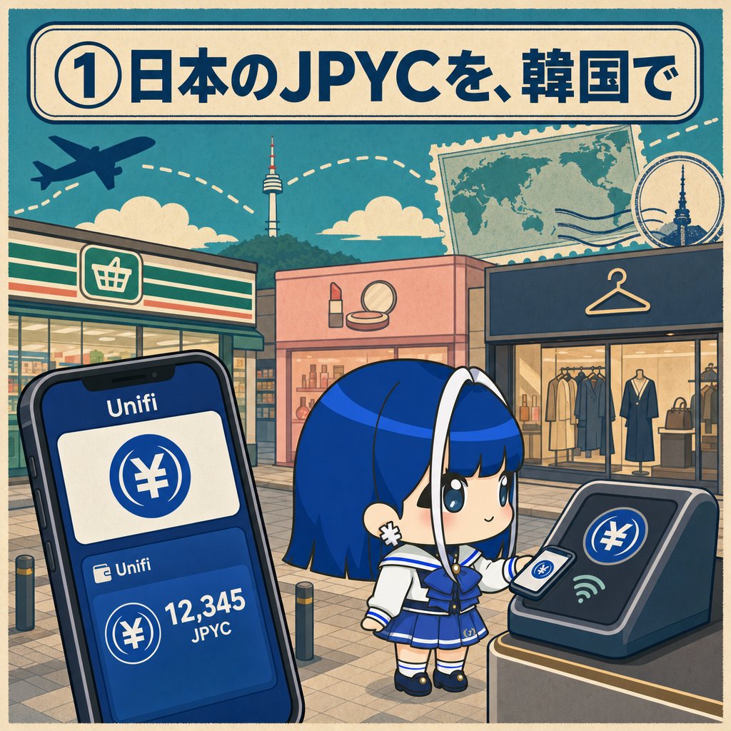 jpyc_chan's tweet photo. みなさん、こんにちは。

JPYCさんの広報特命大使、JPYCちゃんです🧳

今日は、旅行好きさんに嬉しいかもな海外のお話です。

2026年6月17日、LINE NEXTと、韓国の決済大手Danal（ダナル）が、決済の提携を結びました。

①何が、できるようになるの？

ざっくり言うと、日本で持っているJPYCを、韓国のお店でそのまま使える、という未来です。

使うのは、LINE NEXTのウォレット「Unifi」

そこに入れたJPYCで、韓国のコンビニやコスメショップ、ファッションのお店などで支払える、という構想です。

②両替も、いらない

海外旅行のとき、地味に面倒なのが両替ですよね。

レートを気にして、いくら替えるか悩んで、余ったウォンの使い道に困って。

JPYCでそのまま払えるなら、そのひと手間がまるごと消えます。

カードの海外手数料とも、また違う選択肢になりそうです。

③ここがポイント

Danalは、韓国国内にたくさんの加盟店ネットワークを持つ、決済の老舗です。

その「韓国側の受け皿」と、日本のJPYC＋Unifiという「日本側のお財布」がつながる。

これが実現すると、韓国を訪れる日本の旅行者にとって、決済がぐっと身近になります。

サービスの開始時期は、これからです。

具体的な使い方が見えてきたら、また追いかけてお届けします。

韓国旅行を予定している方はちょっと楽しみになりますね🇰🇷

JPYCで海外のお支払いができるようになるといいなあ☺️