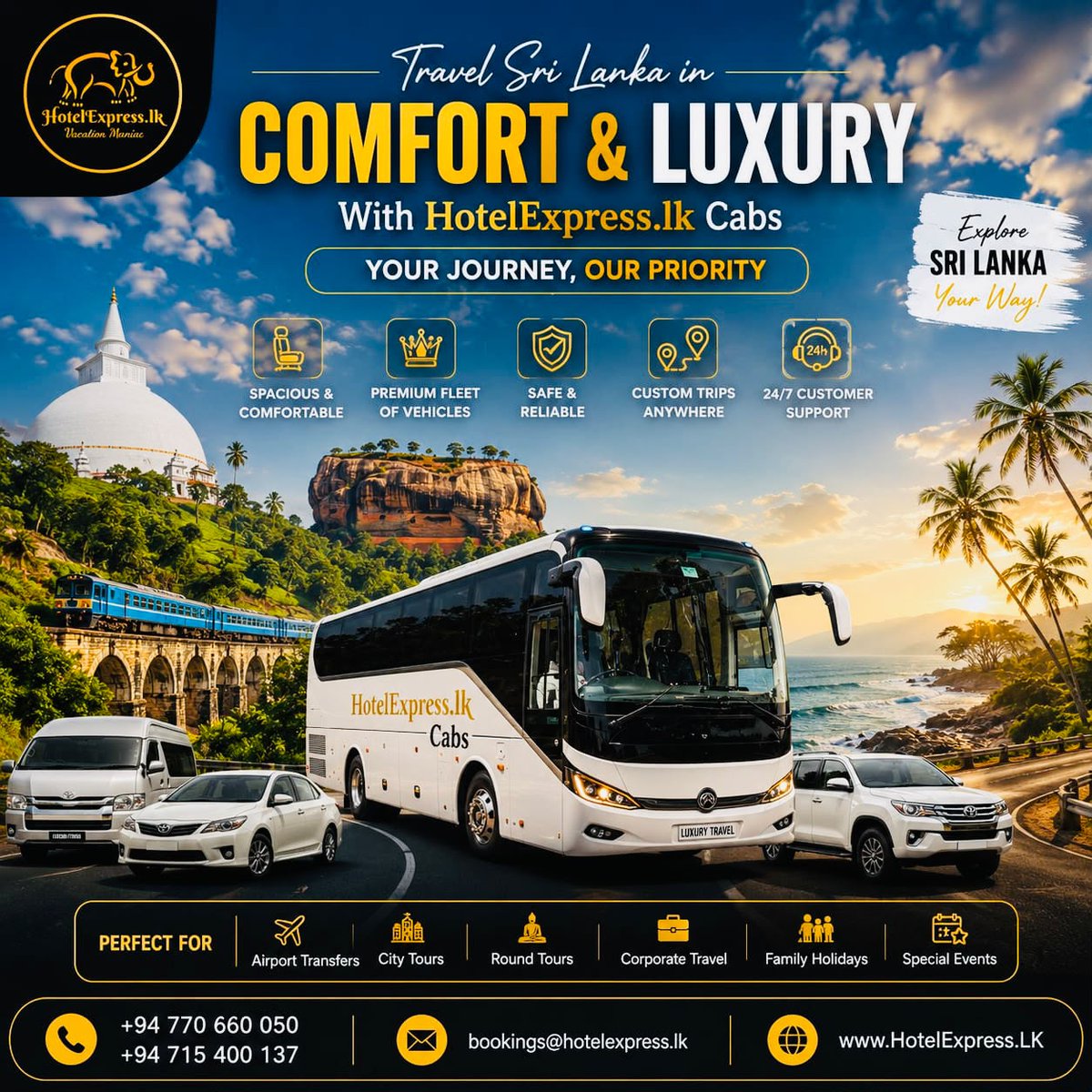 HotelExpress_lk's tweet photo. 🇱🇰 Explore Sri Lanka the comfortable way with https://t.co/pbjH6SU4Bk Cabs &amp; Transport 
🚐 Airport Transfers
🏝️ Islandwide Tours
👨‍👩‍👧‍👦 Family &amp; Group Travel
💼 Corporate Transport
🛡️ Safe • Reliable • Premium Fleet
📞 +94 770 660 050
🌐 https://t.co/BcFsF4chd6⁠�
 #Travel #cabs https://t.co/wGHHzRDXkA