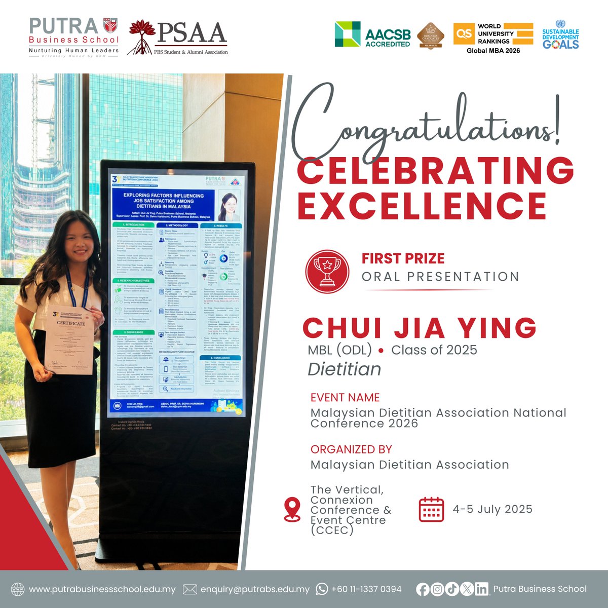 putraBschool's tweet photo. Congratulations to our MBA alumna, Chui Jia Ying (Class of 2025), for winning 1st Prize in the ePoster Oral Presentation at the #MDA2026 National Conference! 🏆

Her research on dietitian job satisfaction is a proud testament to the Human Governance values at PBS. 👏 #PBSPride https://t.co/iSNK4bcVF9