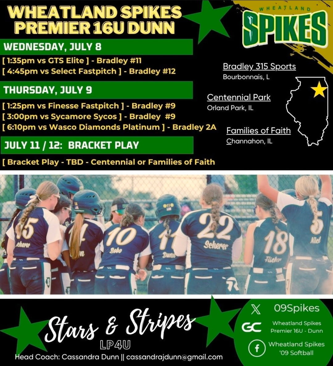 ashlyn_fox11246's tweet photo. Schedule for this week at the LP4U Stars & Stripes tournament. Our pool games are all in Bourbonnais in Wed/Thurs.
See you there!
#2027recruit #3B #OF #uncommitted #RecruitMe #09spikes #Wheatlandspikes #lemont_softball #thirdbaseman #uncommitted2027 #softballrecruit
@SBRRetweets @EC_Recruit @fastpitchnetwrk @playsbigger
@ExtraInningSB @SoftballDown @CoastRecruits @SoftbalAmerica
@LineDsoftball @playsbigger @TopPreps @BeThatPlayer1 @tierOneFP @SoftballRecruit @maxpreps
@d1fastpitch1 @diamondaddicts
@LegacyLegendss1 @ccprospects23
@nextpitch_SB @sportprepX
@ondecksoftball @jucoballer @collegesbzone @contextsoftball @collsoftball360 @AGLsoftball @uncommittedUsa @theallianceFP @softballhype @theeSBreport @takecharge_SB @Ihartfastpitch @softballclips @softball_home
@impactretweets @fastpitchwatch
@undrdogathletix @prepsoftball