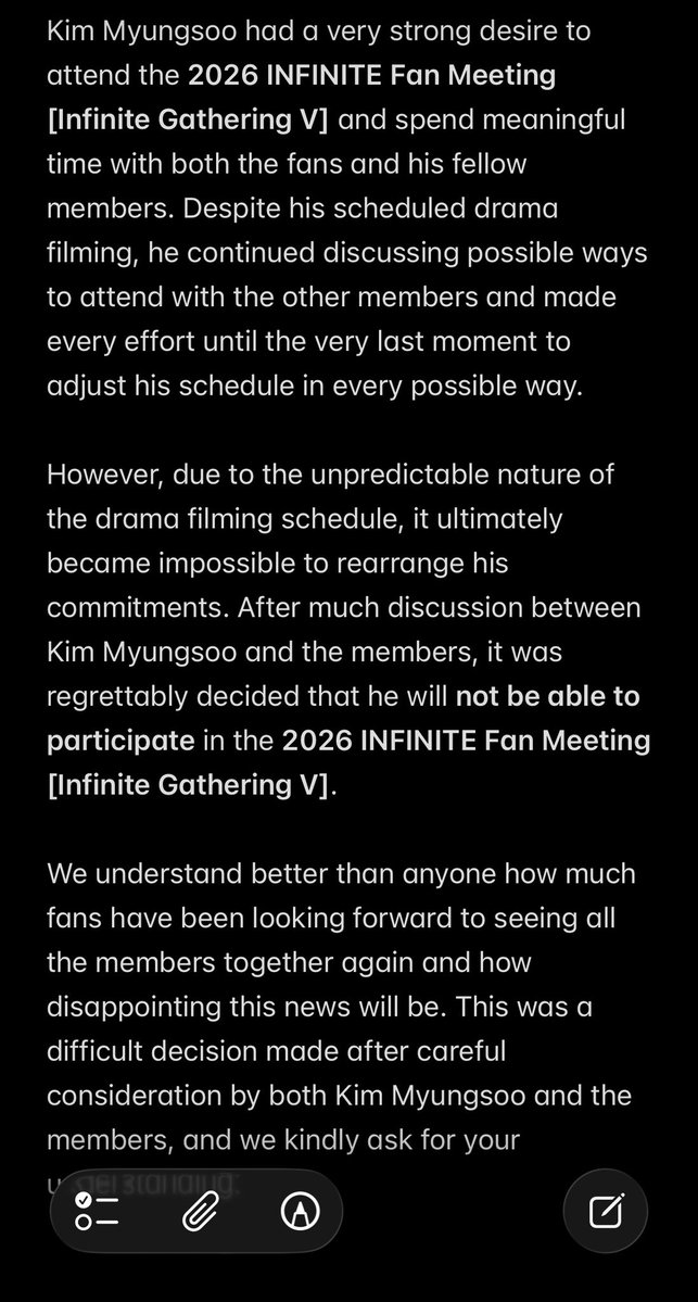 byeolvory's tweet photo. “Despite his scheduled drama filming, he continued discussing possible ways to attend with the other members and made every effort until the very last moment to adjust his schedule in every possible way.”

aww myungsoo fighting! infinite fighting 🥺🤍 https://t.co/OSMKdvPOGm