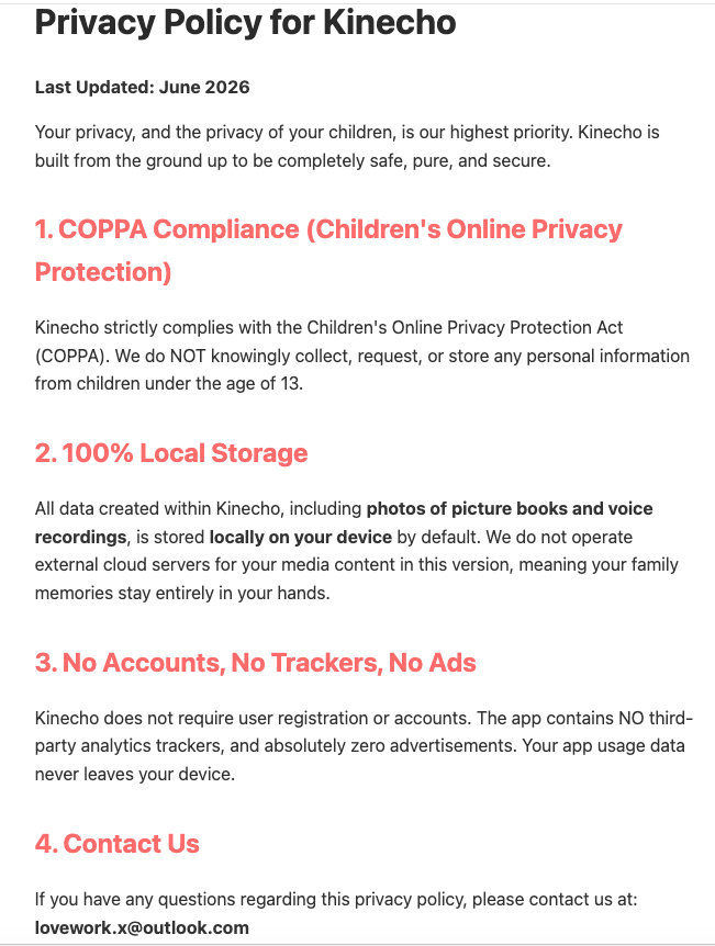 jinlong_io's tweet photo. Apple actually grilled me for 4 days on COPPA kids privacy. They kept asking if I used third-party analytics. My answer: Hell no. Kinecho has no servers, no trackers, and zero ads. Your family memories stay entirely on your local device. https://t.co/IfeNLoWZv0