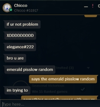 cheifcaptain's tweet photo. @SoloQExposed 
Found this guy in soloq who claims he is challenger, and links his main elegance#222 and is playing on a plat account Chicco#51917. Says he is a booster and doesn't have a main account maybe @RiotSupport can do something about this. https://t.co/BkaJoKH7V1