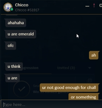 cheifcaptain's tweet photo. @SoloQExposed 
Found this guy in soloq who claims he is challenger, and links his main elegance#222 and is playing on a plat account Chicco#51917. Says he is a booster and doesn't have a main account maybe @RiotSupport can do something about this. https://t.co/BkaJoKH7V1