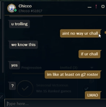 cheifcaptain's tweet photo. @SoloQExposed 
Found this guy in soloq who claims he is challenger, and links his main elegance#222 and is playing on a plat account Chicco#51917. Says he is a booster and doesn't have a main account maybe @RiotSupport can do something about this. https://t.co/BkaJoKH7V1